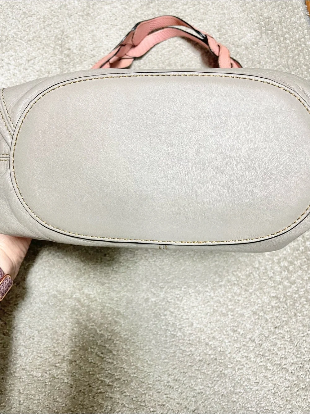 Elegant Gray Extremely Soft Leather Tote with Red Braided Strap